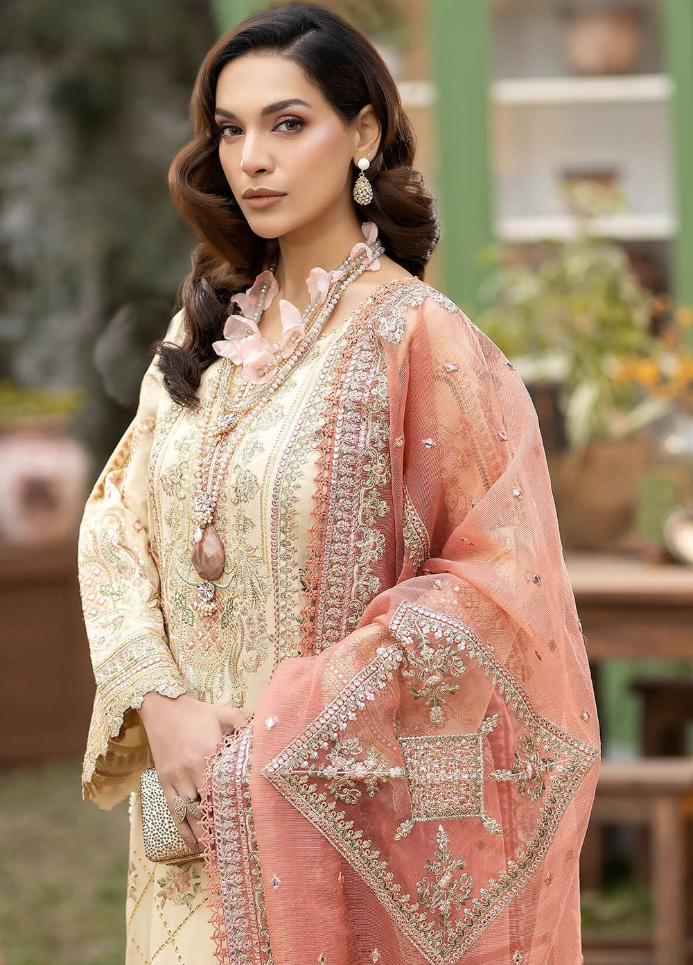 The Stellar Sequin Ensemble: Heavy Embroidered 3-PC Lawn & Khaddi Net Suit with Chikankari