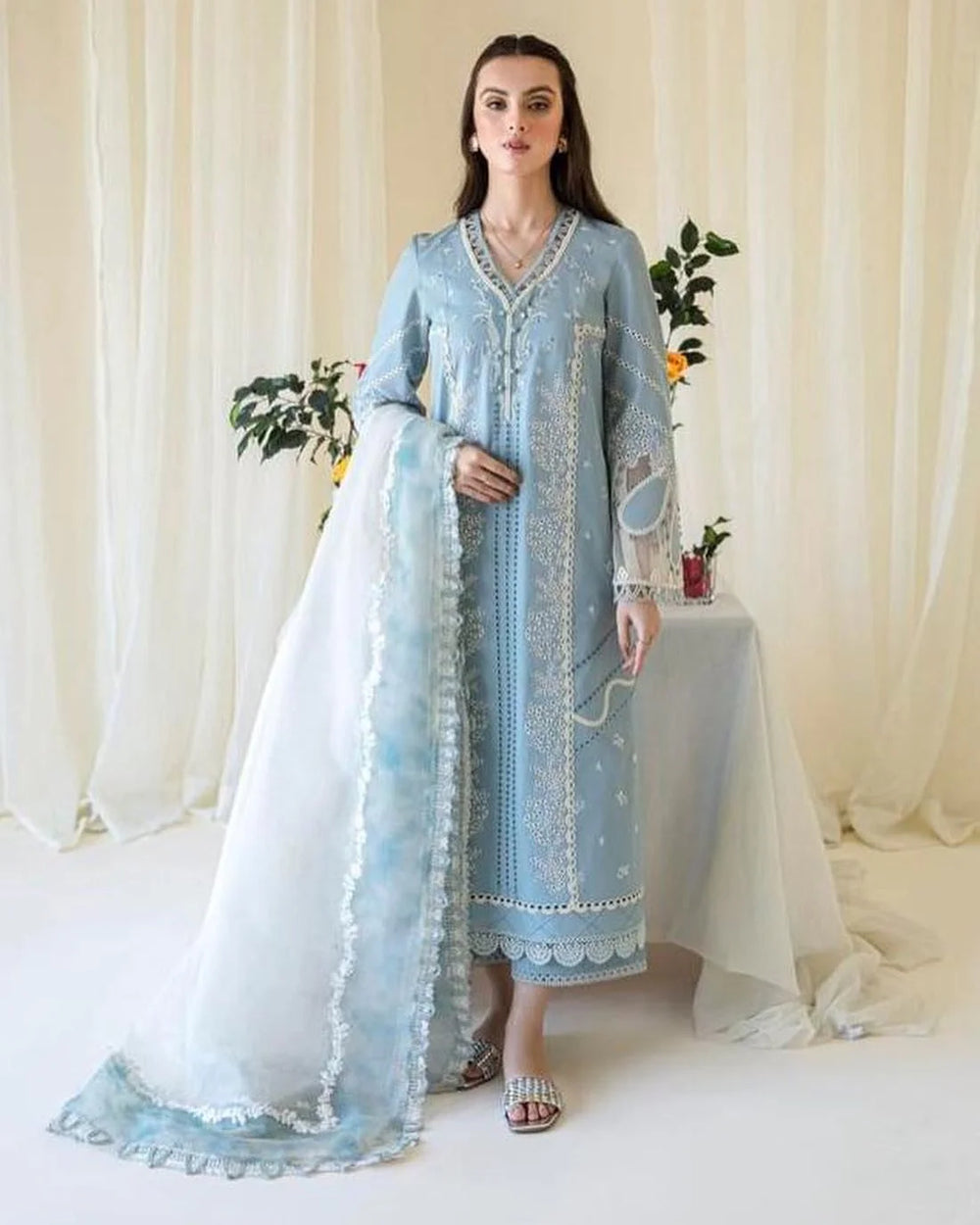 The Regal Zari & Tissue Ensemble: Heavily Embroidered Lawn Couture with Organza Dupatta