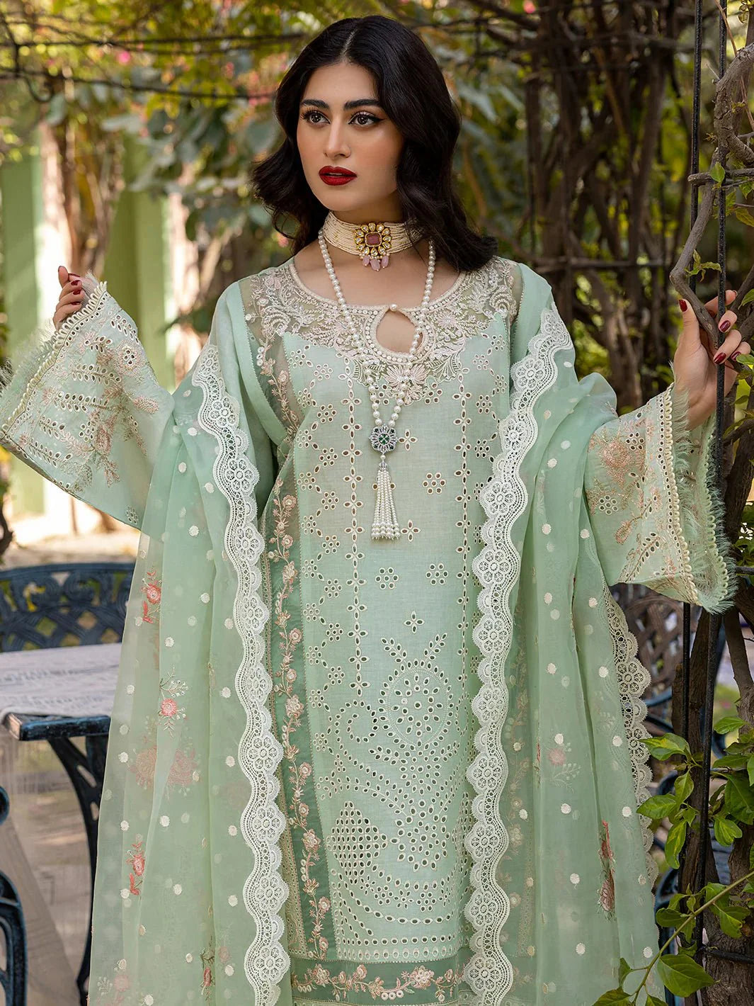The Patched Perfection Ensemble: Fully Heavy Chikankari 3-PC Suit with Organza Cutwork Dupatta