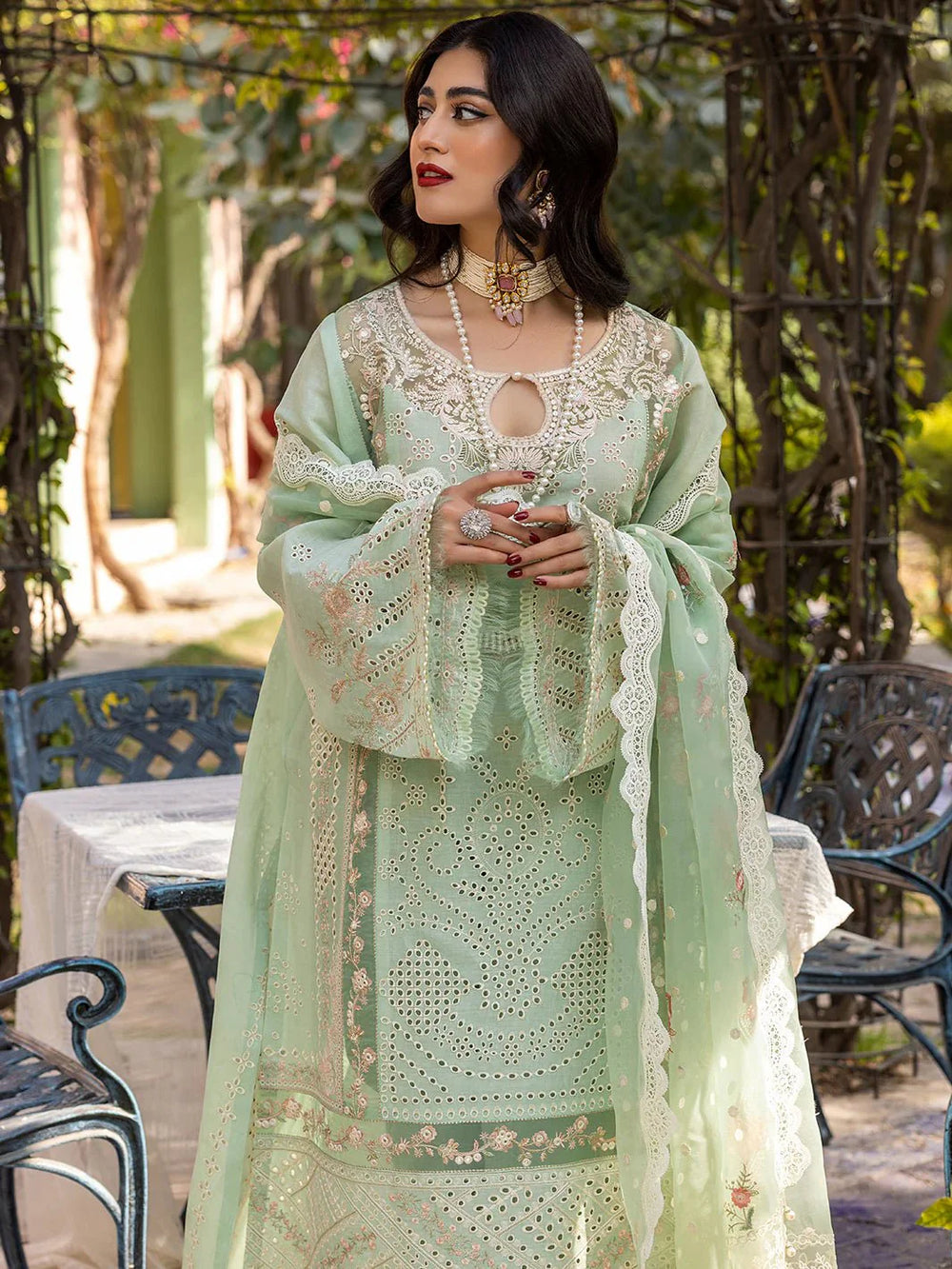 The Patched Perfection Ensemble: Fully Heavy Chikankari 3-PC Suit with Organza Cutwork Dupatta
