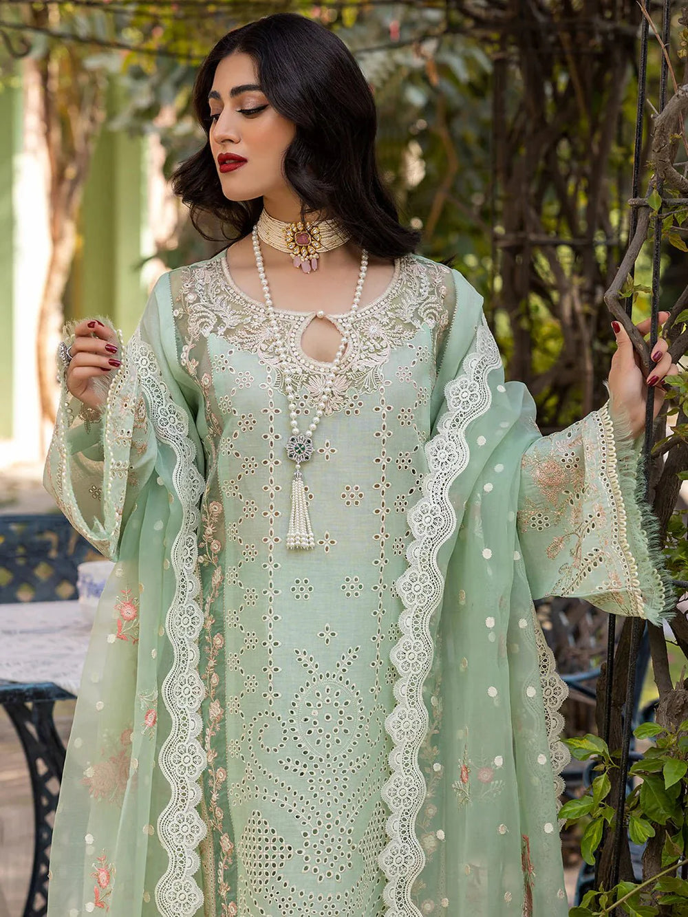 The Patched Perfection Ensemble: Fully Heavy Chikankari 3-PC Suit with Organza Cutwork Dupatta