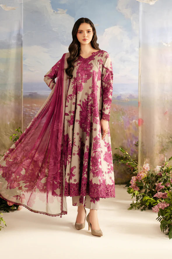 Floral Digital Printed Lawn Festive Ensemble | Heavy Embroidered Neck & Cutwork Chiffon Dupatta Set
