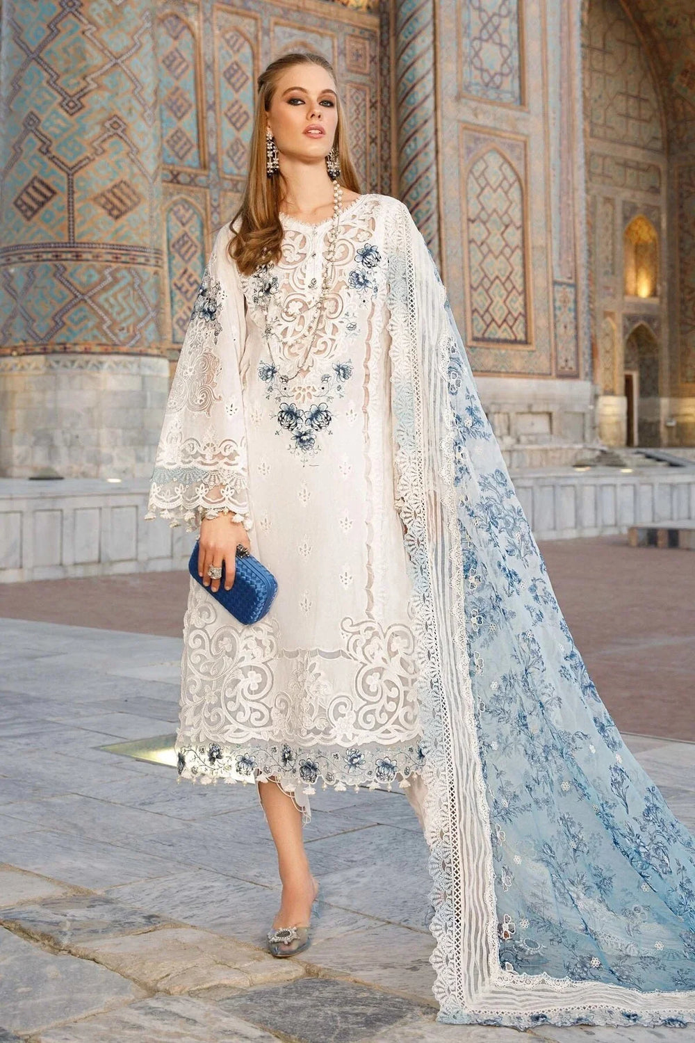 The Artisan Cutwork Ensemble: Heavy Embroidered 3-PC Cotton Suit with Digital Organza Dupatta