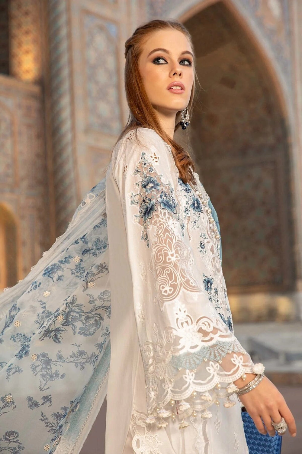 The Artisan Cutwork Ensemble: Heavy Embroidered 3-PC Cotton Suit with Digital Organza Dupatta