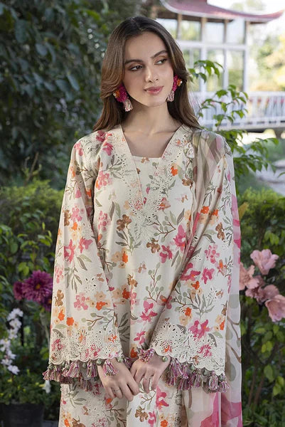 Premium Lawn Ensemble | 4-Side Aplik Chiffon Dupatta with Embroidered Bunches | Unstitched 3PC