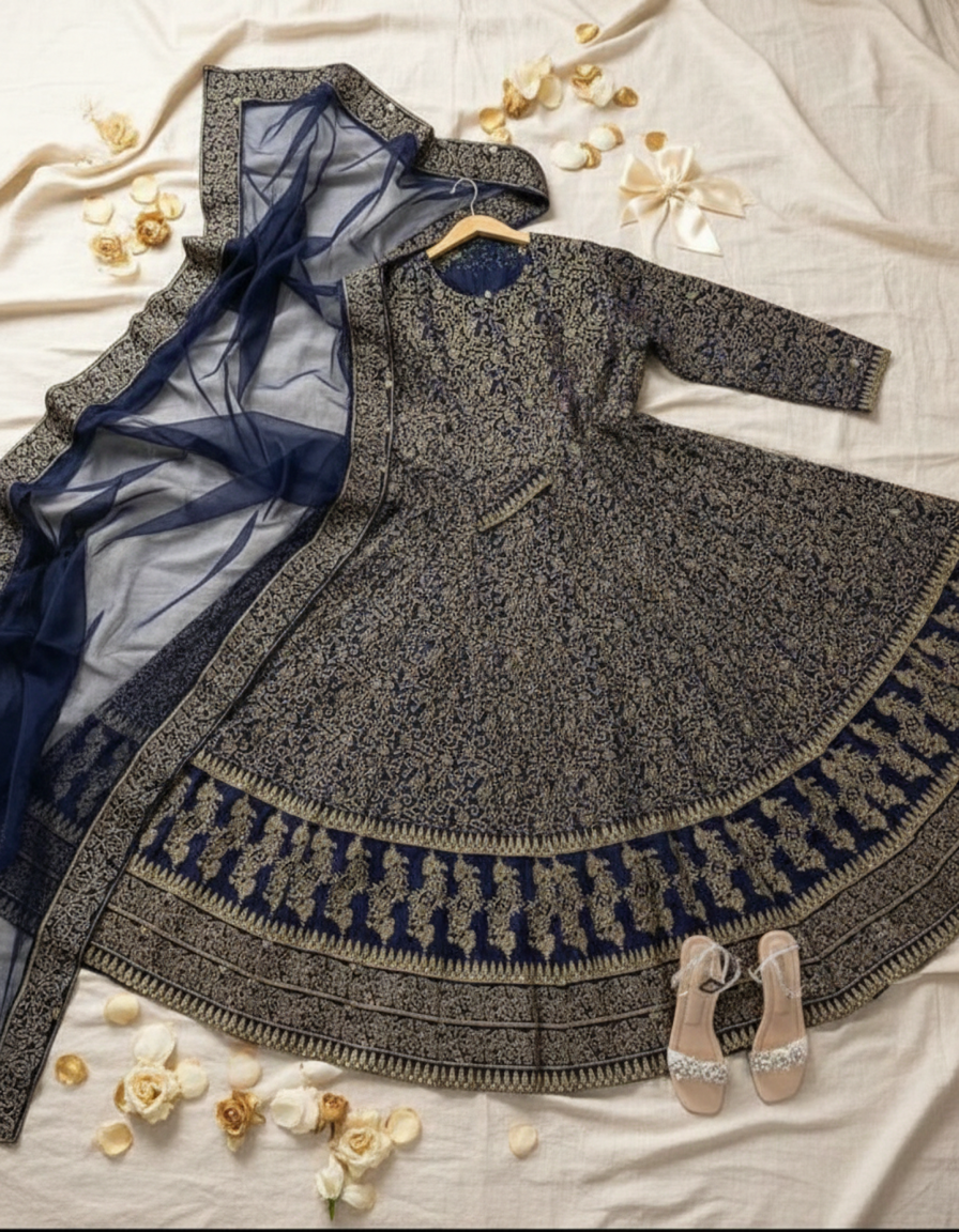 3-Pcs Exquisite Katan Silk Maxi Set | Printed Ensemble for Graceful Evenings