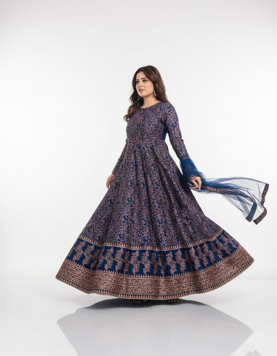 3-Pcs Exquisite Katan Silk Maxi Set | Printed Ensemble for Graceful Evenings