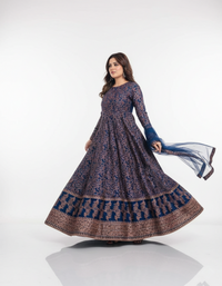 3-Pcs Exquisite Katan Silk Maxi Set | Printed Ensemble for Graceful Evenings